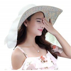 Women’s Floppy Foldable Staw Hand Woven Bow UPF 50+ Hat-Hollow-Summer Sun Beach-Wide Brim Cap