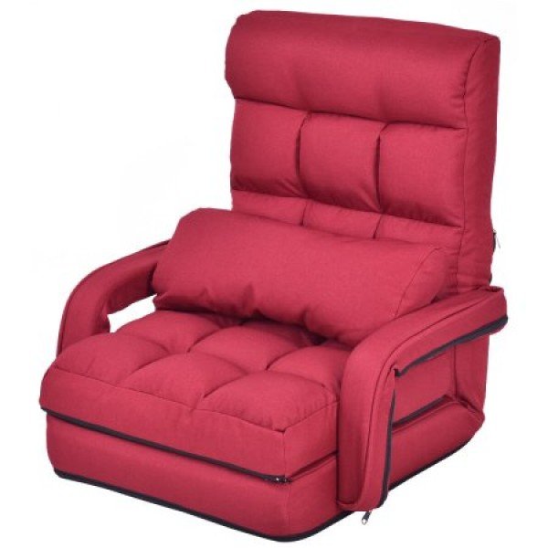 Red Folding Lazy Sofa Floor Chair Sofa Lounger Bed with Armrests and a Pillow