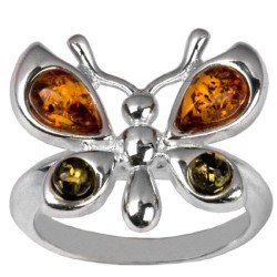 Sterling Silver Multicolor Amber Butterfly Ring