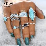 17KM Vintage Big Stone Midi Ring Set For Women Boho Antique Silver Color Heart Flower Knuckle Rings Boho Jewelry Anillos Gift 