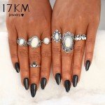 17KM Vintage Big Stone Midi Ring Set For Women Boho Antique Silver Color Heart Flower Knuckle Rings Boho Jewelry Anillos Gift 