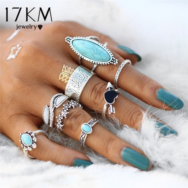 17KM Vintage Big Stone Midi Ring Set For Women Boho Antique Silver Color Heart Flower Knuckle Rings Boho Jewelry Anillos Gift 