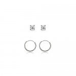 2 Pairs Sterling Silver 10mm Endless Hoops and 2mm Round CZ Stud Unisex Cartilage Earrings Set