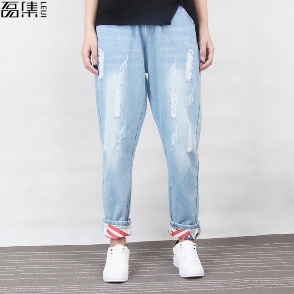 2017  Ripped Jeans women cotton harem  plus size Ankle-Length denim pant 5XL