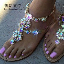 2017 Woman Sandals Women Shoes Rhinestones Chains Thong Gladiator Flat Sandals Crystal Chaussure Plus Size 46 tenis feminino