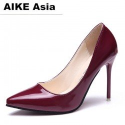 2018 HOT Women Shoes Pointed Toe Pumps Patent Leather Dress  High Heels Boat Shoes Wedding Shoes Zapatos Mujer Blue wine red