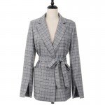 2018 New Autumn Women Gray Plaid Office Lady Blazer Fashion Bow Sashes Split Sleeve Jackets Elegant Work Blazers Feminino