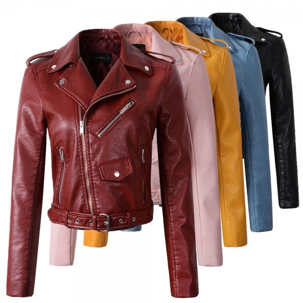 2018 New Fashion Women Autunm Winter Wine Red Faux Leather Jackets Lady Bomber Motorcycle Cool Outerwear Coat with Belt Hot Sale
