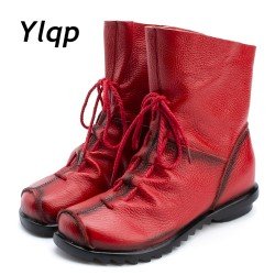 2018 Vintage Style Genuine Leather Women Boots Flat Booties Soft Cowhide Women's Shoes Front Zip Ankle Boots zapatos mujer