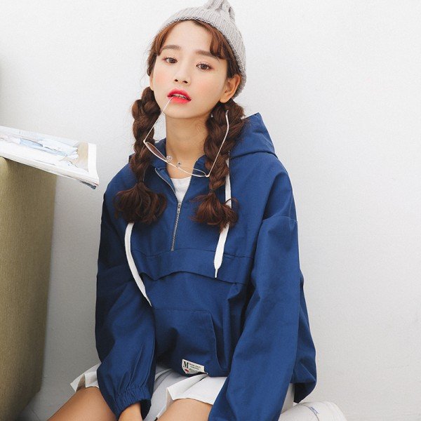 2018 Women's Harajuku Spring Zipper Hooded Loose Lazy Big Windbreaker Jacket Female Cute Japanese Kawaii Bomber Coat For Women