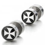 2pcs 6-12MM White Circle Stud Earrings Men Women, Steel Cheater Fake Ear Plugs Gauges Illusion Tunnel
