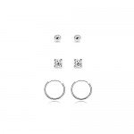 3 Pairs Sterling Silver 10mm Endless Hoops, 2mm Round CZ & Ball Stud Unisex Cartilage Earrings Set