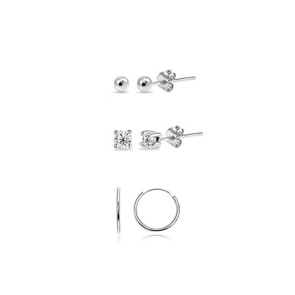 3 Pairs Sterling Silver 10mm Endless Hoops, 2mm Round CZ & Ball Stud Unisex Cartilage Earrings Set