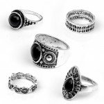 5 Pcs/ Set Classic Black Crystal Round Water Drop Clouds Geometrical Irregular Ring Set Lady Charm Costume Jewelry Accessories