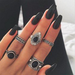 5 Pcs/ Set Classic Black Crystal Round Water Drop Clouds Geometrical Irregular Ring Set Lady Charm Costume Jewelry Accessories
