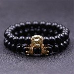 AISHOW Men 2PCS Beads Bracelet Set 8mm Black Onyx King Crown Lion Head Charm Bracelet Friendship Handmade Friend Jewelry,7.5" (Gold)