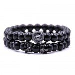 AISHOW Men 2PCS Beads Bracelet Set 8mm Black Onyx King Crown Lion Head Charm Bracelet Friendship Handmade Friend Jewelry,7.5" (Gold)