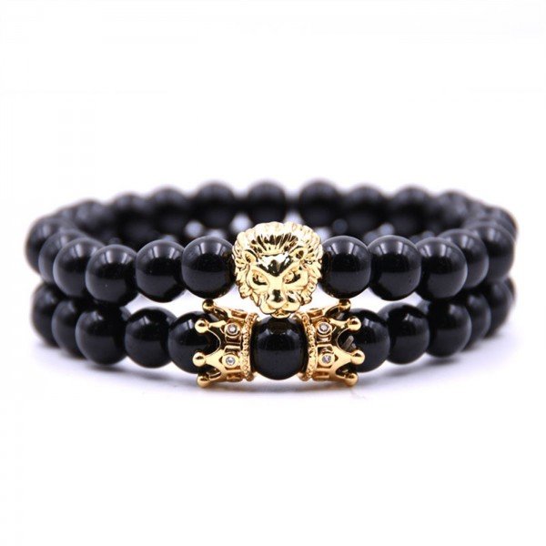AISHOW Men 2PCS Beads Bracelet Set 8mm Black Onyx King Crown Lion Head Charm Bracelet Friendship Handmade Friend Jewelry,7.5" (Gold)