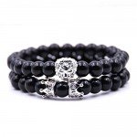 AISHOW Men 2PCS Beads Bracelet Set 8mm Black Onyx King Crown Lion Head Charm Bracelet Friendship Handmade Friend Jewelry,7.5" (Gold)
