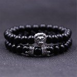 AISHOW Men 2PCS Beads Bracelet Set 8mm Black Onyx King Crown Lion Head Charm Bracelet Friendship Handmade Friend Jewelry,7.5" (Gold)