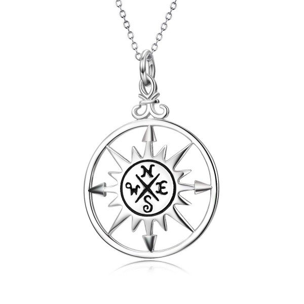 Angel caller Sterling Silver Vintage Nautical Compass Pendant Necklace for Unisex,18" Rolo Chain,Enjoy The Journey,Pendant for Travel, Long Distance, Graduation Gift,