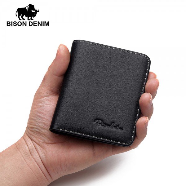 BISON DENIM Black Purse For Men Genuine Leather Men's Wallets Thin Male Wallet Card Holder Cowskin Soft Mini Purses N4429