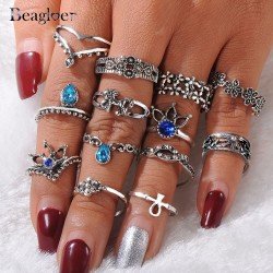 Beagloer Crystal Ring With 13Pcs/Set For Women Silver Color Flower Horse Bohemian Punk Female Ring Set Jewelry Anillos