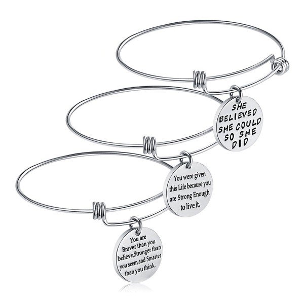 Birthday Gifts for Women Girls - 3PCS Stainless Steel Inspirational Charm Bracelets Jewelry Set Motivational Expendable Bangles Anniversary Gift Ideas (Silver-3PCS)