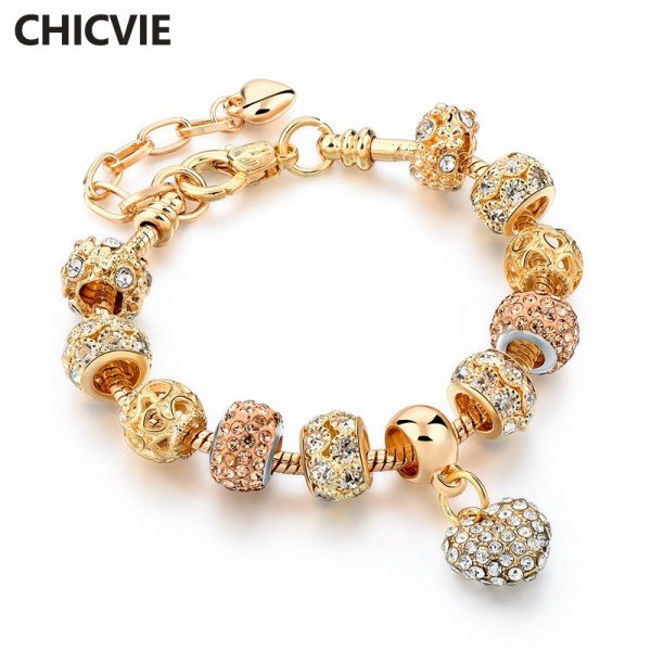 CHICVIE Gold Color Crystal Heart Charm Personalized Bracelets & Bangles For Women Trendy Jewelry Handmade DIY Bracelet Sbr160056