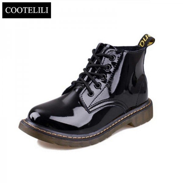 COOTELILI Plus Size Botas Patent Leather Boots Women School Style Lace Up Shoes For Girls Red Black Motorcycle Ankle BootsM 40