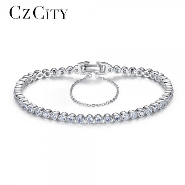 CZCITY Brilliant Clear Zircon Stone Tennis Silver Women Bracelet Genuine 925 Sterling Silver Wedding Bracelets & Bangles Gift