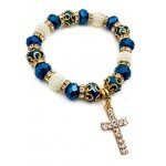 Catholic Crystallized Cross Deep Blue Crystal Beads Wrist Rosary Bracelet Adjustable Elastic Bangle