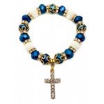 Catholic Crystallized Cross Deep Blue Crystal Beads Wrist Rosary Bracelet Adjustable Elastic Bangle