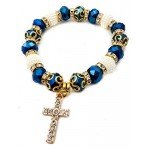 Catholic Crystallized Cross Deep Blue Crystal Beads Wrist Rosary Bracelet Adjustable Elastic Bangle
