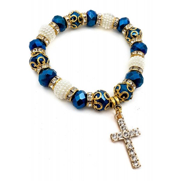Catholic Crystallized Cross Deep Blue Crystal Beads Wrist Rosary Bracelet Adjustable Elastic Bangle