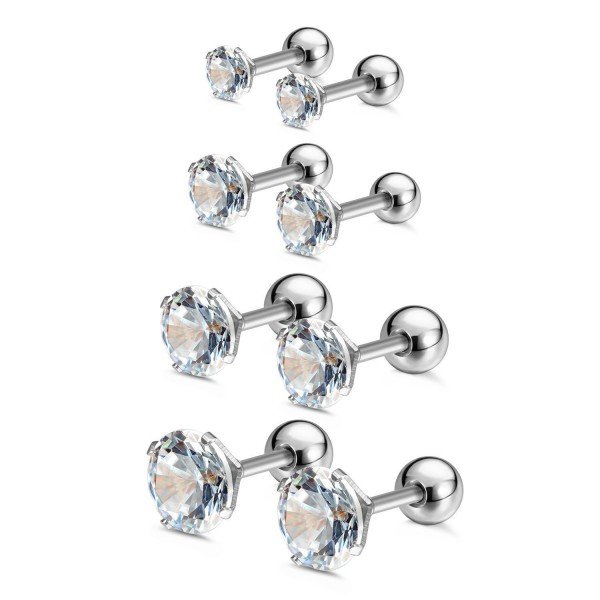 Charisma Stainless Steel Stud Earrings Cartilage Earrings Mother's Day Gift For Women Cubic Zirconia Tragus Screw Back Earrings Helix (3 Pairs/4 Pairs)