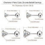 Charisma Stainless Steel Stud Earrings Cartilage Earrings Mother's Day Gift For Women Cubic Zirconia Tragus Screw Back Earrings Helix (3 Pairs/4 Pairs)