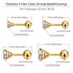 Charisma Stainless Steel Stud Earrings Cartilage Earrings Mother's Day Gift For Women Cubic Zirconia Tragus Screw Back Earrings Helix (3 Pairs/4 Pairs)