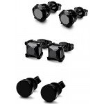 FIBO STEEL 3 Pairs Stainless Steel Black Stud Earrings for Men Women CZ Earrings, 3mm-8mm Available