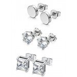 FIBO STEEL 3 Pairs Stainless Steel Black Stud Earrings for Men Women CZ Earrings, 3mm-8mm Available