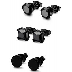 FIBO STEEL 3 Pairs Stainless Steel Black Stud Earrings for Men Women CZ Earrings, 3mm-8mm Available