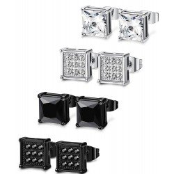 FIBO STEEL 4 Pairs Stainless Steel Stud Earrings for Men Women Ear Piercing CZ Inalid,6-8MM
