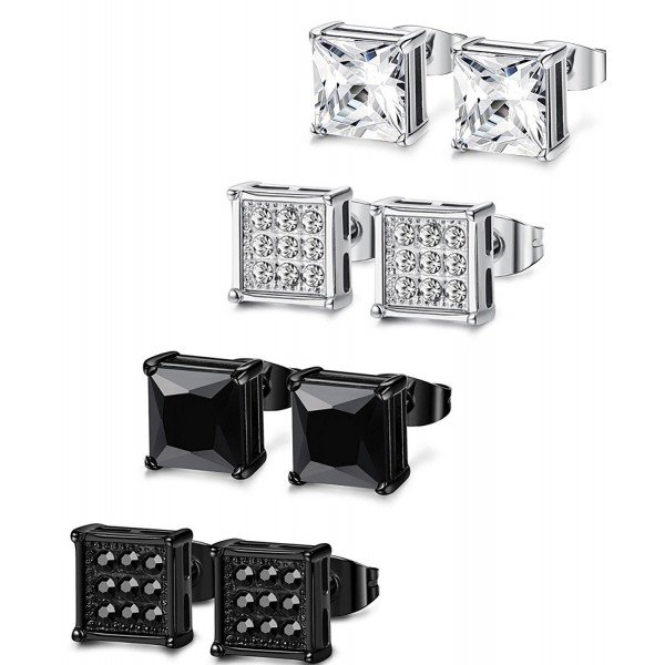 FIBO STEEL 4 Pairs Stainless Steel Stud Earrings for Men Women Ear Piercing CZ Inalid,6-8MM