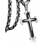 FIBO STEEL Stainless Steel Cross Pendant Mens Byzantine Chain Necklace 5mm Wide, 22-30 inches