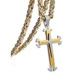 FIBO STEEL Stainless Steel Cross Pendant Mens Byzantine Chain Necklace 5mm Wide, 22-30 inches