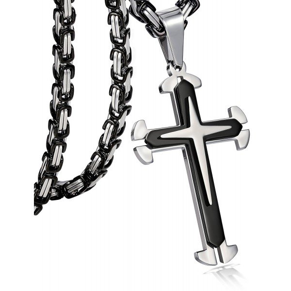 FIBO STEEL Stainless Steel Cross Pendant Mens Byzantine Chain Necklace 5mm Wide, 22-30 inches