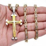 FIBO STEEL Stainless Steel Cross Pendant Mens Byzantine Chain Necklace 5mm Wide, 22-30 inches