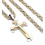 FIBO STEEL Stainless Steel Cross Pendant Mens Byzantine Chain Necklace 5mm Wide, 22-30 inches