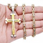 FIBO STEEL Stainless Steel Cross Pendant Mens Byzantine Chain Necklace 5mm Wide, 22-30 inches