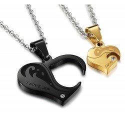 FIBO STEEL Stainless Steel Mens Womens Pendant Necklace Heart Puzzle 22 Inches Chain 2 Pcs a Set